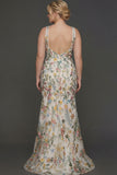 Plus Size Mermaid Criss Floral Mauve Cross Neck Maxi Prom Dress with Embroidery
