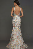 Floral Mauve Mermaid Criss Cross Neck Maxi Prom Dress with Embroidery