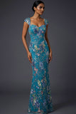 Floral Peacock Blue Square Neck Mermaid Maxi Prom Dress with Beading