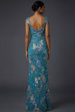 Floral Peacock Blue Square Neck Mermaid Maxi Prom Dress with Beading