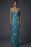 Floral Peacock Blue Square Neck Mermaid Maxi Prom Dress with Beading
