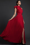 Red A Line High Waist Long Formal Dress with Bow