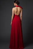 Red A Line High Waist Long Formal Dress with Bow