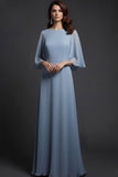 Grey Blue Chiffon Flutter Sleeves A Line Long Formal Dress