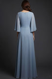 Grey Blue Chiffon Flutter Sleeves A Line Long Formal Dress