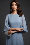 Grey Blue Chiffon Flutter Sleeves A Line Long Formal Dress