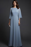 Grey Blue Chiffon Flutter Sleeves A Line Long Formal Dress