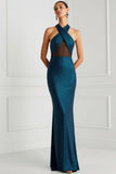 Blue Cross Halter Neck Mermaid Maxi Backless Formal Dress