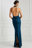 Blue Cross Halter Neck Mermaid Maxi Backless Formal Dress