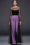 Glitter Purple Illusion Neck Maxi Formal Dress with Tulle