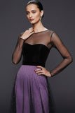 Glitter Purple Illusion Neck Maxi Formal Dress with Tulle
