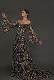 Mauve Floral Embroidered Flutter Sleeves Maxi Prom Dress with Slit