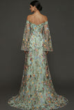 Mauve Floral Embroidered Flutter Sleeves Maxi Prom Dress with Slit
