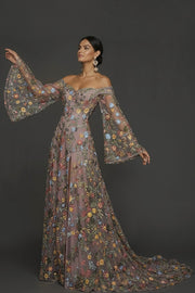 Mauve Floral Embroidered Flutter Sleeves Maxi Prom Dress with Slit