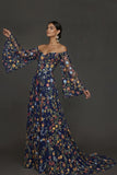 Mauve Floral Embroidered Flutter Sleeves Maxi Prom Dress with Slit