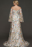 Embroidered Mauve Floral Plus Size Flutter Sleeves Maxi Prom Dress with Slit