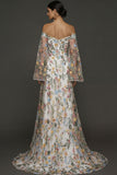 Mauve Floral Embroidered Flutter Sleeves Maxi Prom Dress with Slit