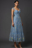 Grey Blue Floral Embroidered A Line Midi Prom Dress