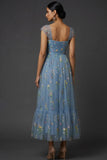 Grey Blue Floral Embroidered A Line Midi Prom Dress
