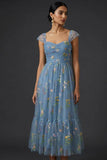 Grey Blue Floral Embroidered A Line Midi Prom Dress