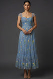 Grey Blue Floral Embroidered A Line Midi Prom Dress