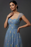 Grey Blue Floral Embroidered A Line Midi Prom Dress