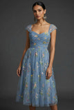 Grey Blue Floral Embroidered A Line Midi Prom Dress
