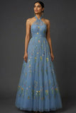 Floral Grey Blue Embroidered Cross Halter Maxi Prom Dress
