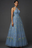 Floral Grey Blue Embroidered Cross Halter Maxi Prom Dress