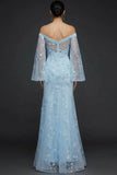 Blue Mermaid Long Floral Flutter Sleeves Prom Dress with Sequins