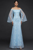 Blue Mermaid Long Floral Flutter Sleeves Prom Dress with Sequins
