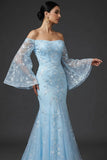 Blue Mermaid Long Floral Flutter Sleeves Prom Dress with Sequins