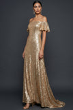 Sparkly Golden Sequined Flutter Sleeves Maxi Evening Dress
