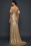 Sparkly Golden Sequined Flutter Sleeves Maxi Evening Dress