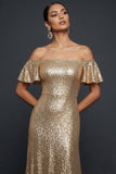 Sparkly Golden Sequined Flutter Sleeves Maxi Evening Dress