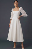 White Square Neck A Line Midi Engagement Dress with Sleeves