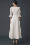 White Square Neck A Line Midi Engagement Dress with Sleeves