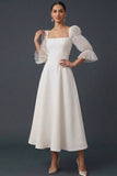White Square Neck A Line Midi Engagement Dress with Sleeves