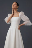 White Square Neck A Line Midi Engagement Dress with Sleeves