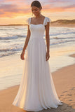 White Square Neck A Line Ruffled Chiffon Long Wedding Reception Dress
