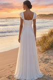 White Square Neck A Line Ruffled Chiffon Long Wedding Reception Dress
