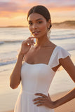 White Square Neck A Line Ruffled Chiffon Long Wedding Reception Dress