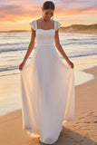 White Square Neck A Line Ruffled Chiffon Long Wedding Reception Dress