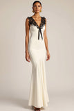 White Mermaid V-Neck Long Formal Dress with Lace