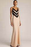 Champagne Spaghetti Straps Long Formal Dress with Lace