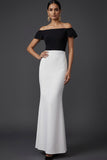 Black and White Patchwork Mermaid Long Formal Dress with Sleeves