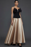 Black and Champagne A Line Strapless Long Prom Dress with Bow