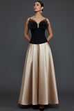 Black and Champagne A Line Strapless Long Prom Dress with Bow