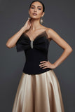 Black and Champagne A Line Strapless Long Prom Dress with Bow