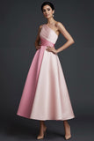 Pink One Shoulder A Line Midi Wedding Guest Dress